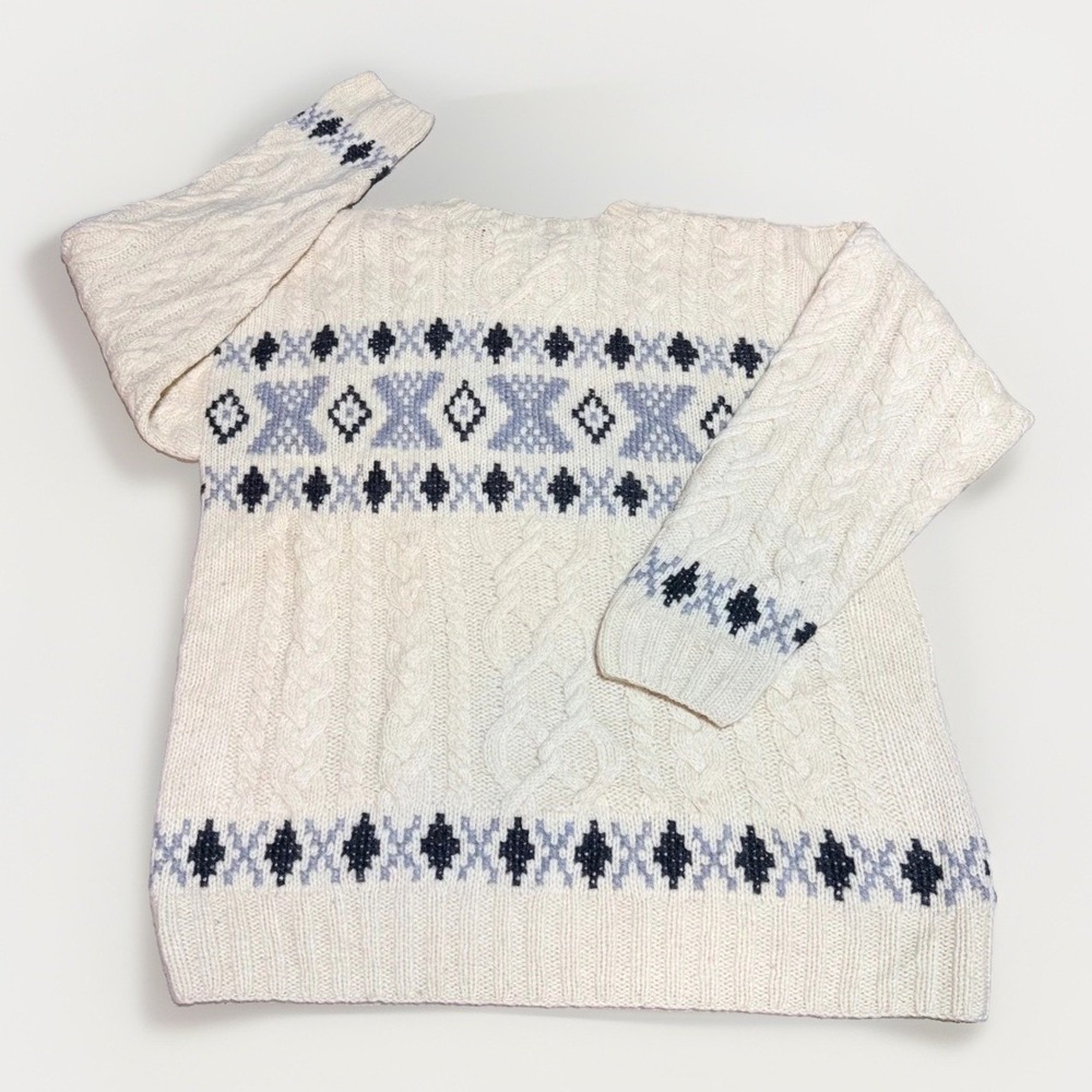 Embassy Row Sweater XL Hand Knit Cable Fair Isle 100% Wool Cream Navy Grey
